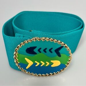 Vintage 80s Motion East Fishbone Enamel Buckle Teal Stretch Belt Retro